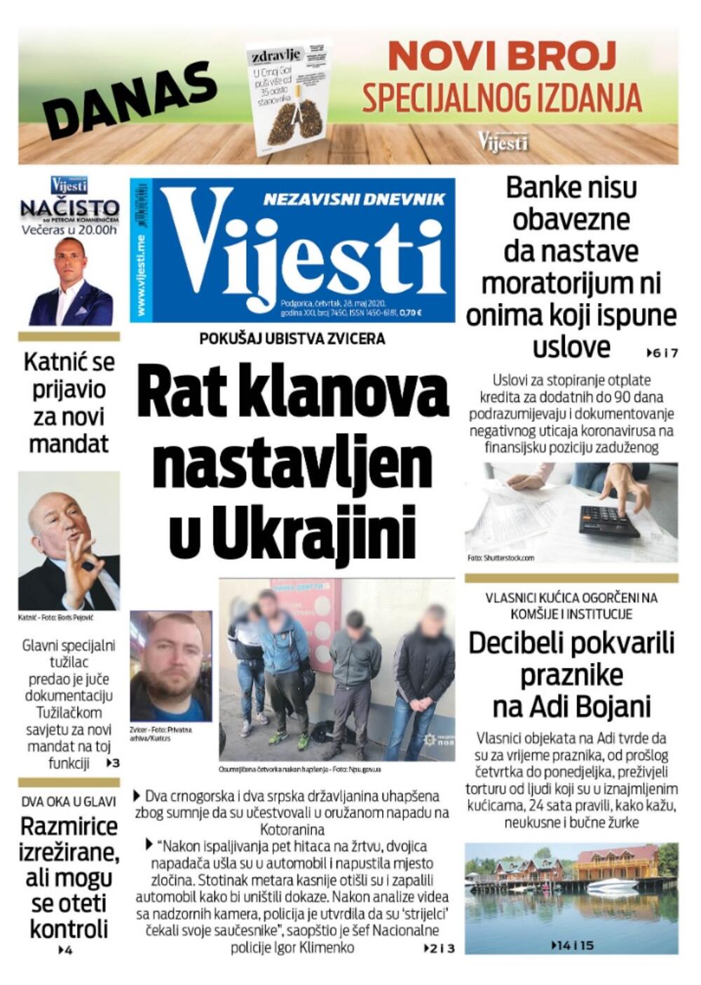 Naslovna strana "Vijesti" za 28. maj 2020., Foto: Vijesti