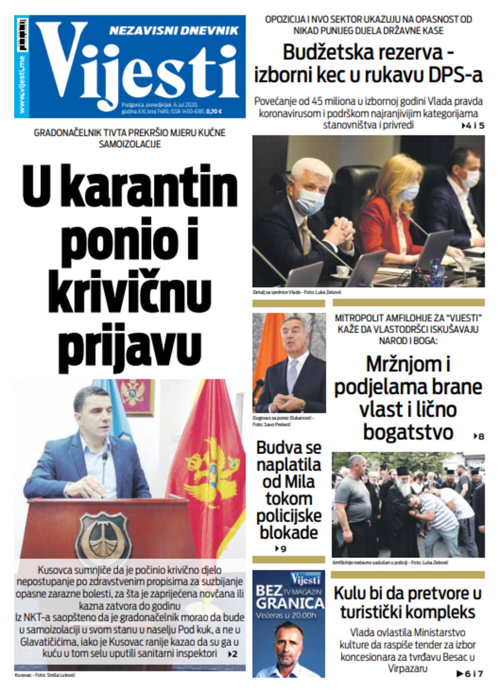 Naslovna strana "Vijesti" za šesti jul 2020., Foto: Vijesti