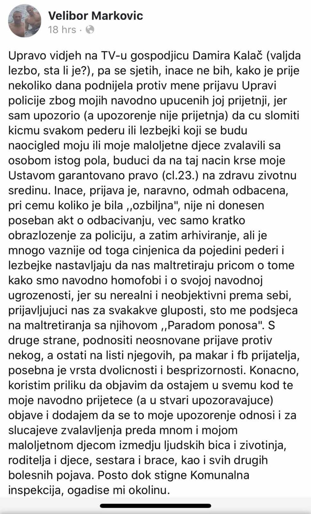Komentar Markovića na Fejsbuku