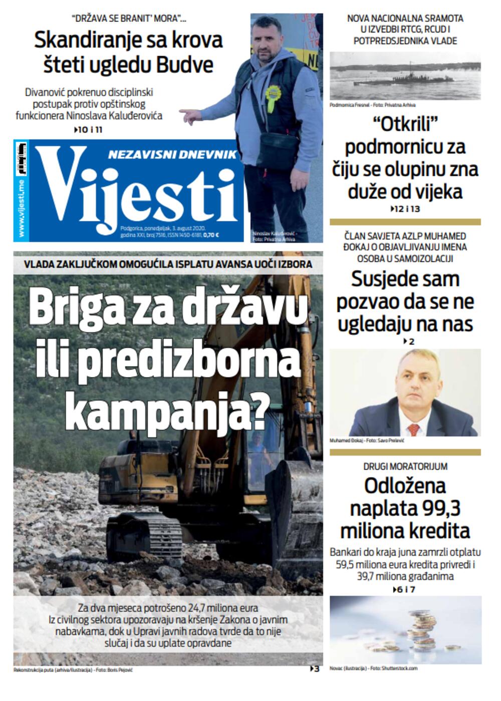 Naslovna strana "Vijesti"  3. avgust 2020., Foto: Vijesti