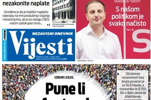 Naslovna strana "Vijesti" za utorak 4. avgust 2020. godine