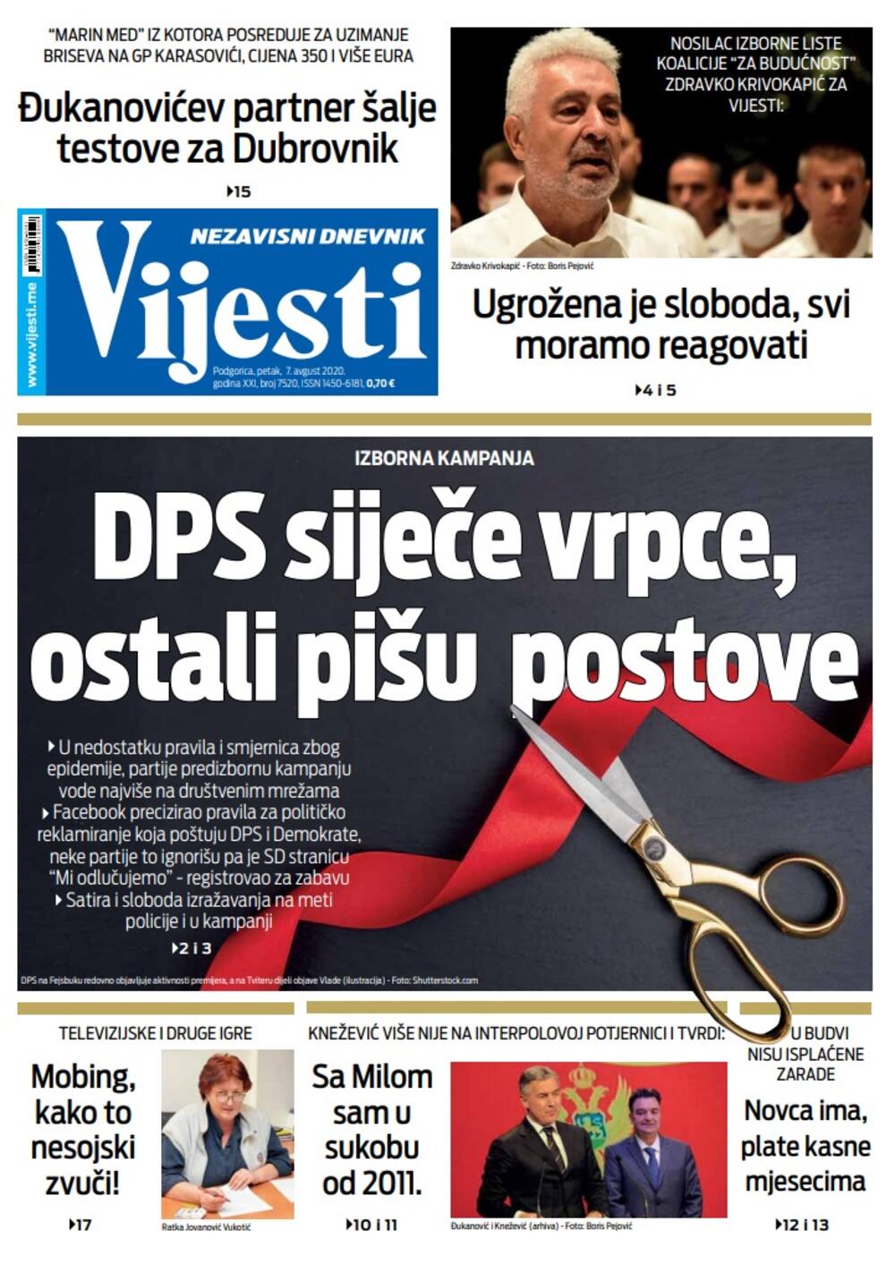 Naslovna strana "Vijesti" za 7. avgust, Foto: Vijesti