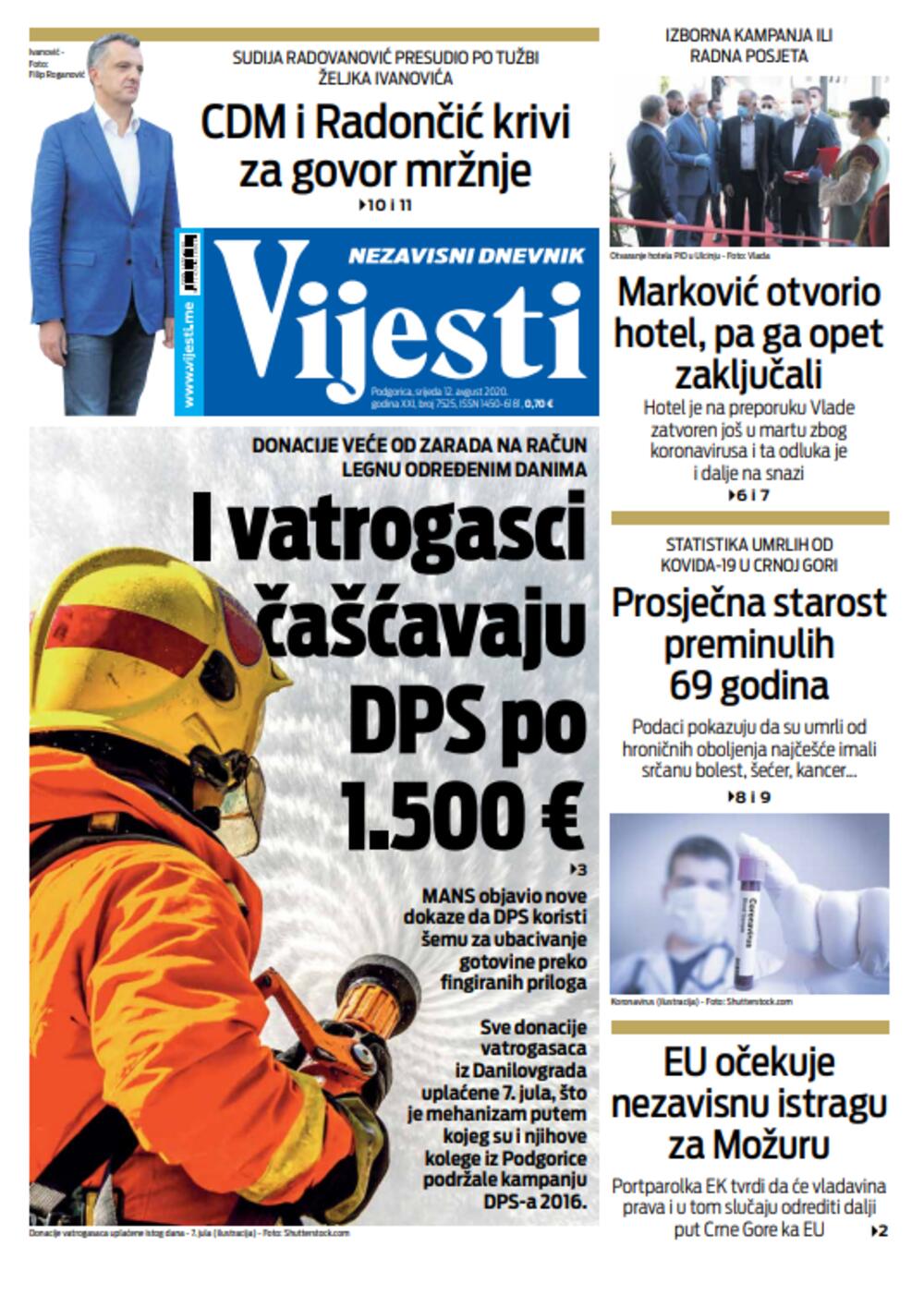 Naslovna starana "Vijesti" za 12. avgust, Foto: Vijesti