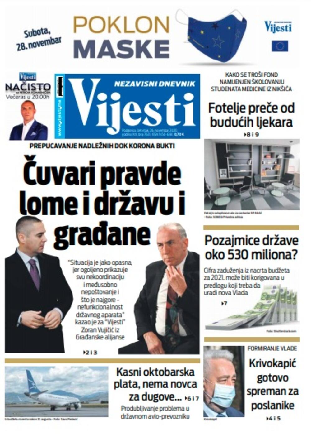 Naslovna strana "Vijesti" za četvrtak 26. novembar 2020. godine, Foto: Vijesti