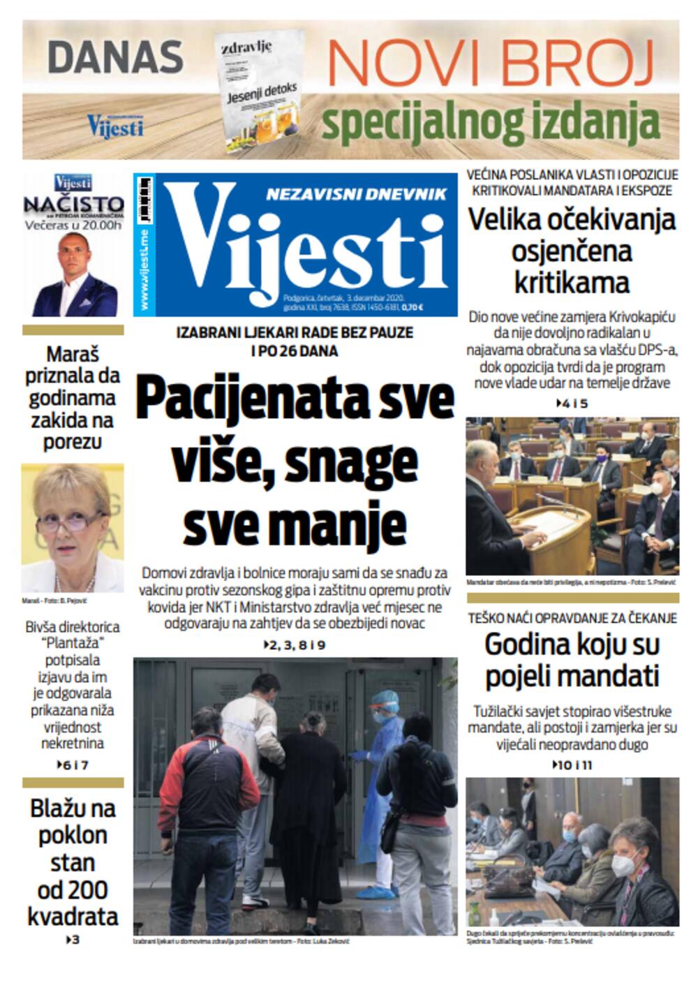 Naslovna strana "Vijesti" za treći decembar, Foto: Vijesti