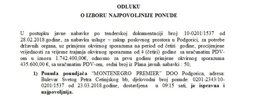 Iz ugovora o zakupu između Uprave za imovinu i “Montenegro Premiera”
