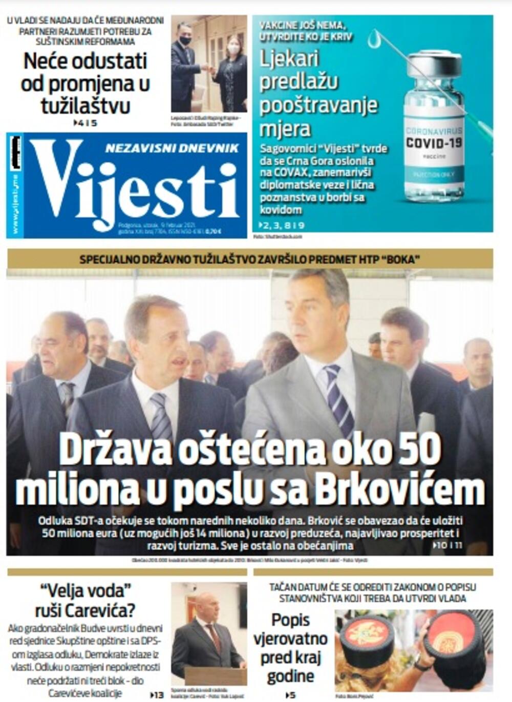 Naslovna strana "Vijesti" za utorak 9. februar 2021. godine, Foto: Vijesti