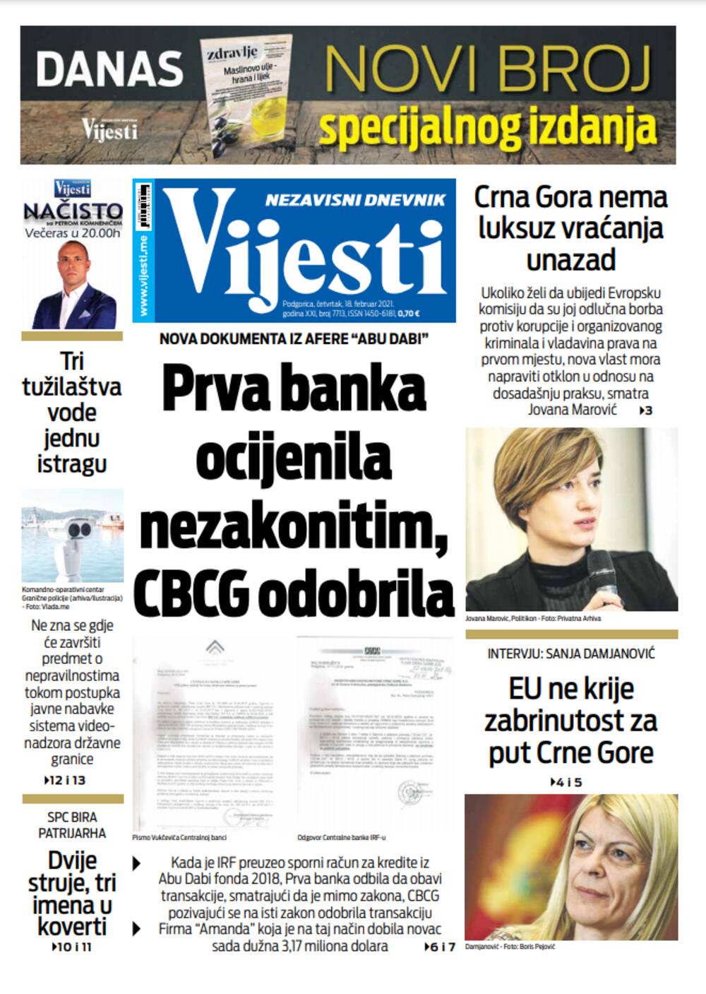 Naslovna strana "Vijesti" za četvrtak 18. februar 2021. godine, Foto: Vijesti