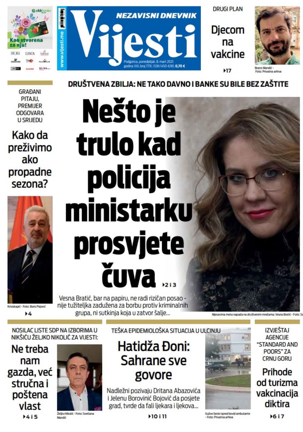 Naslovna strana "Vijesti" za ponedjeljak 8. mart 2021. godine, Foto: Vijesti