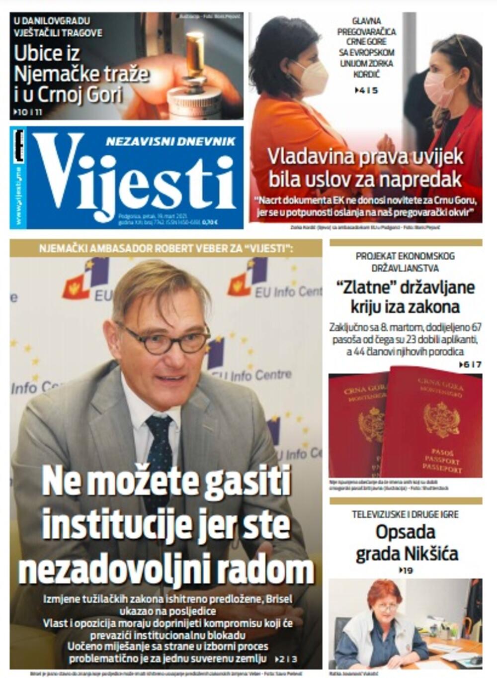 Naslovna strana "Vijesti" za petak 19. mart 2021. godine, Foto: Vijesti