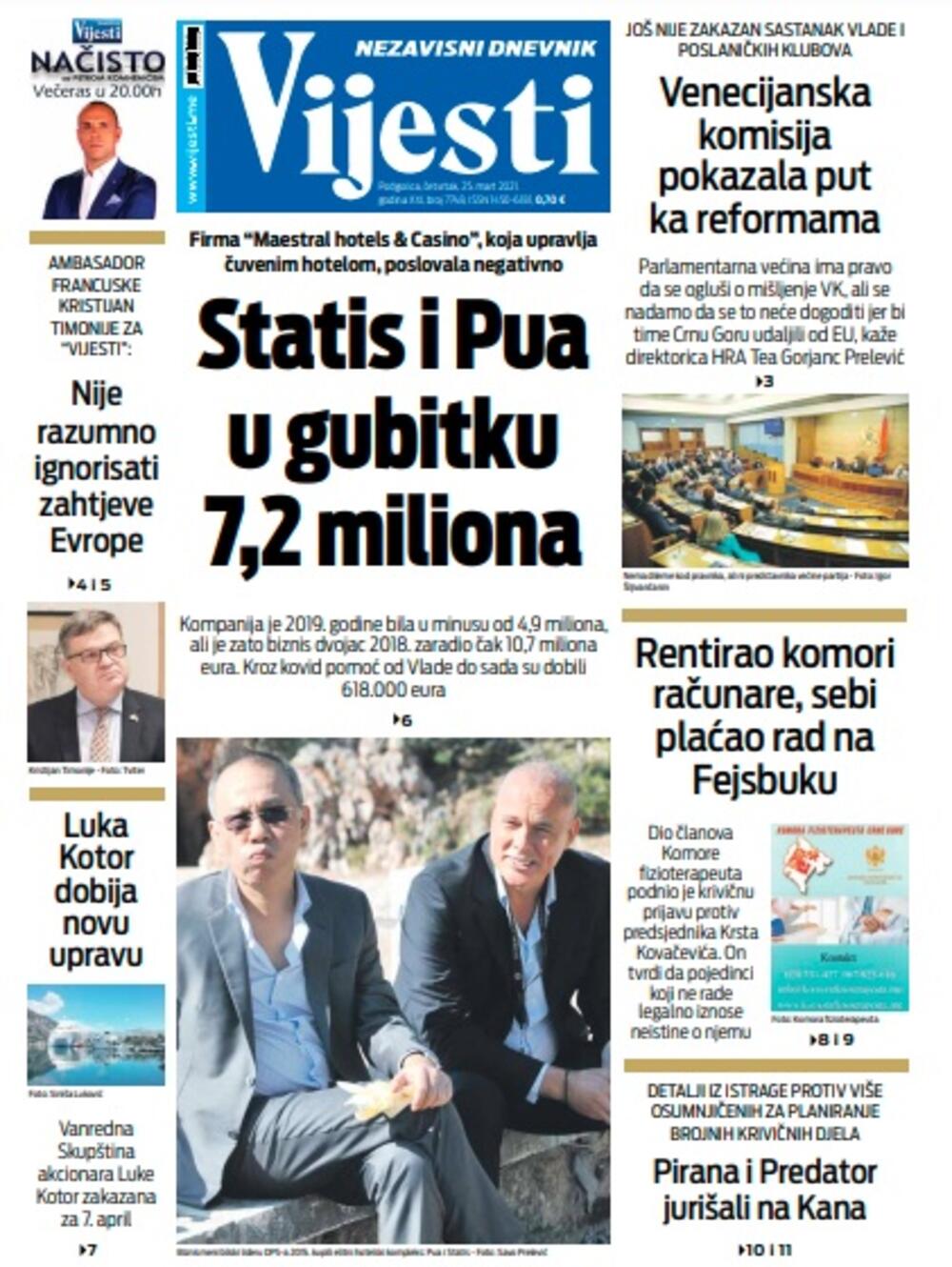 Naslovna strana "Vijesti" za četvrtak 25. mart 2021. godine, Foto: Vijesti
