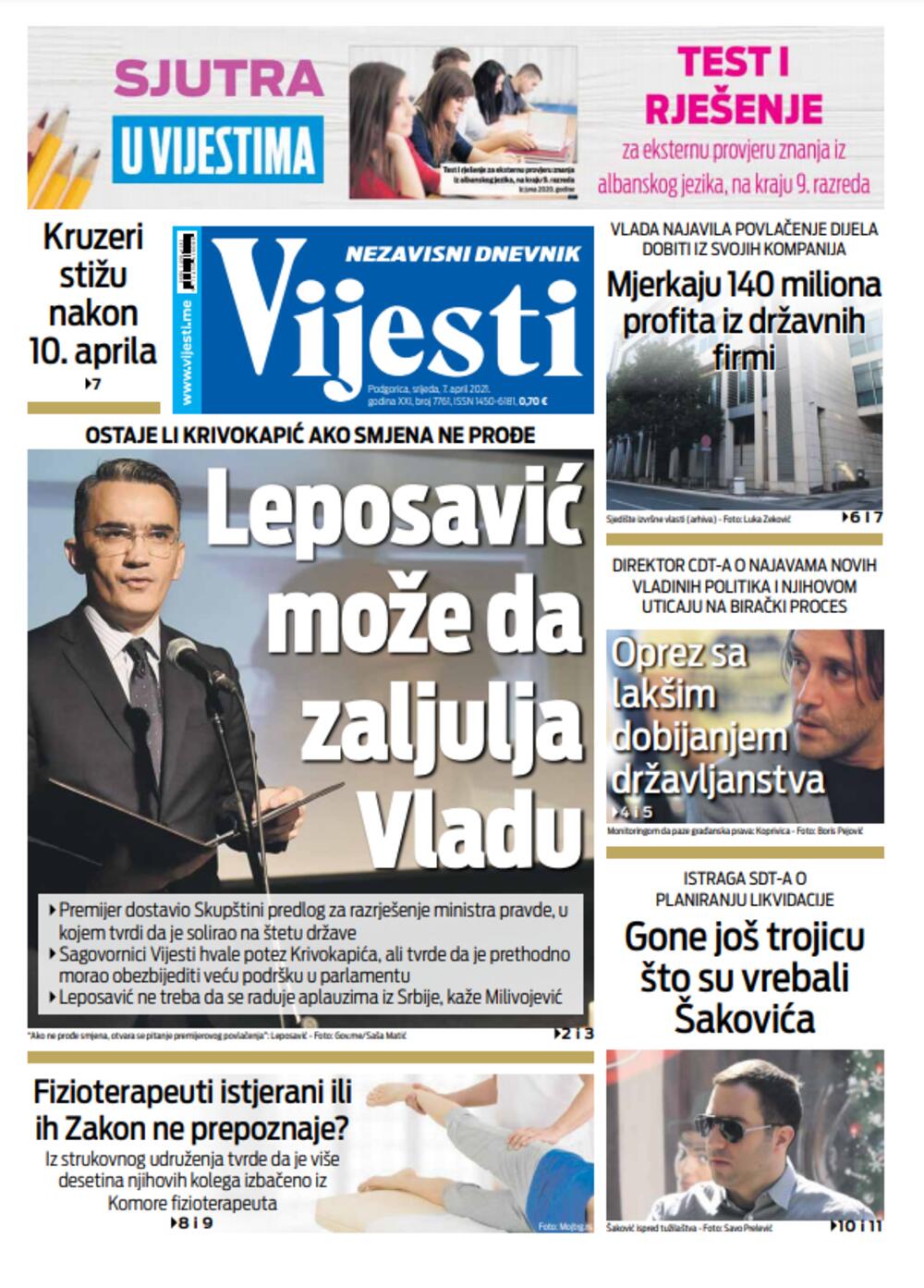 Naslovna strana "Vijesti" za srijedu, 7. april 2021. godine, Foto: Vijesti