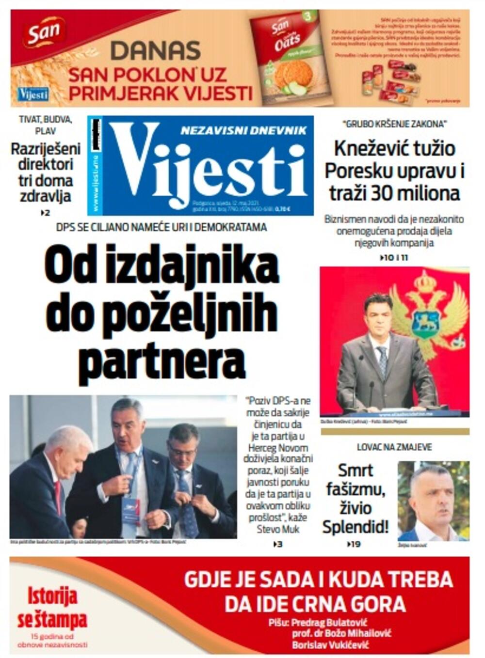Naslovna strana "Vijesti" za srijedu 12. maj 2021. godine, Foto: Vijesti