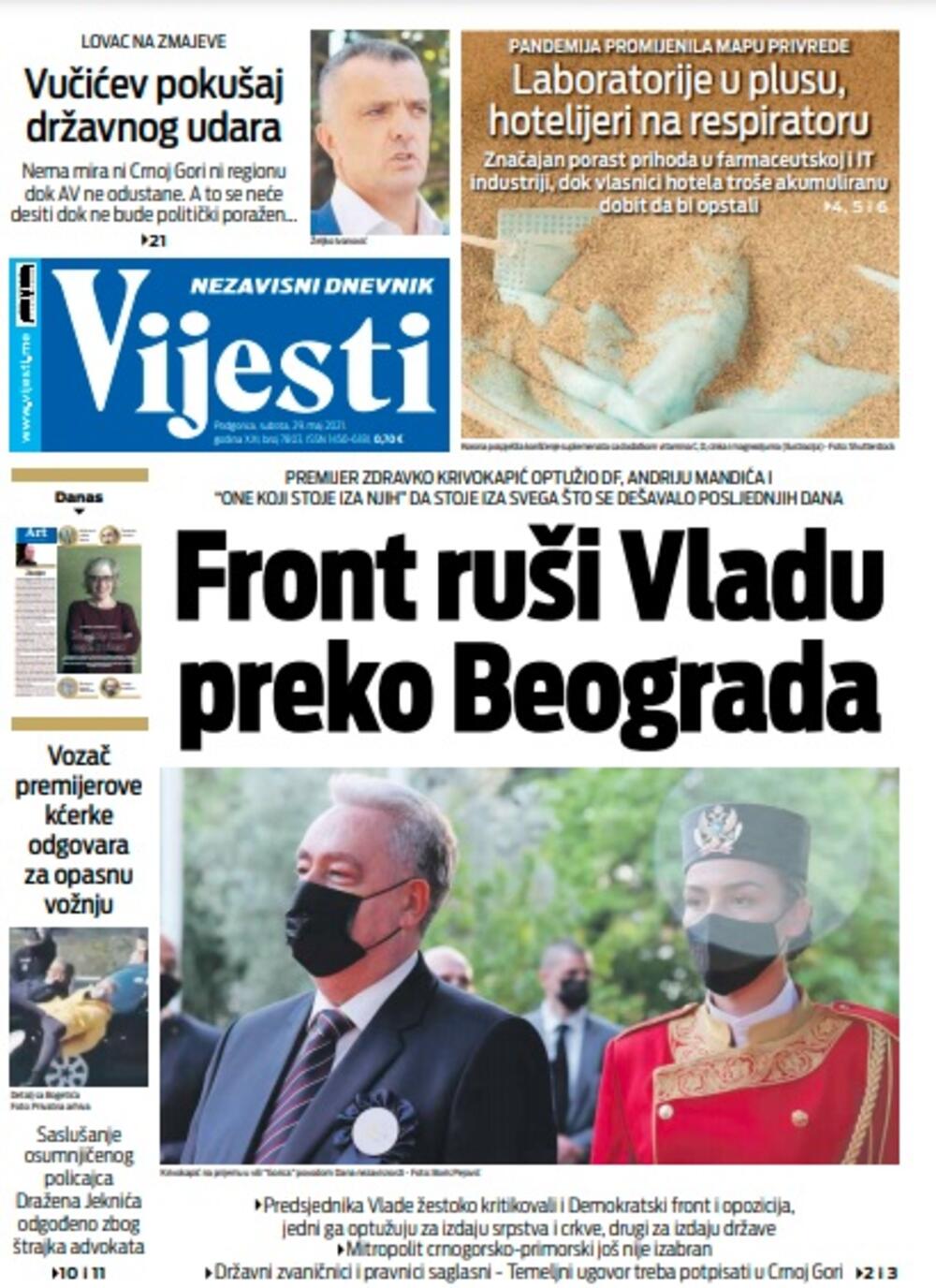 Naslovna strana "Vijesti" za subotu 29. maj 2021. godine, Foto: Vijesti