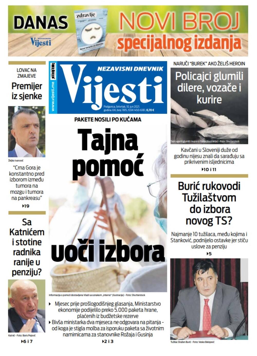 Naslovna strana Vijesti za četvrtak 10. jun 2021. godine, Foto: Vijesti