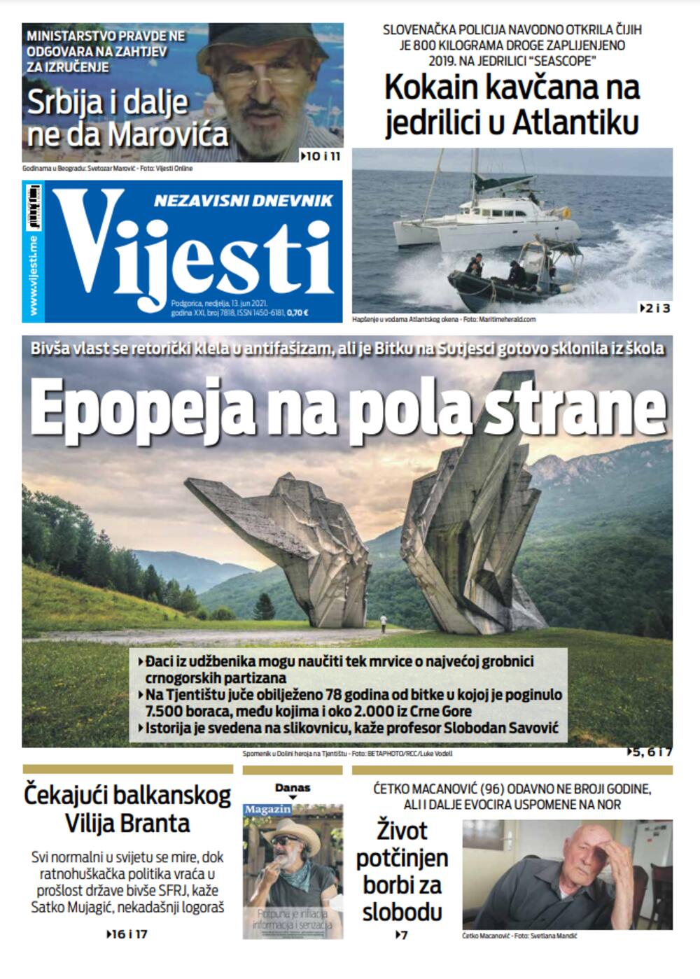 Naslovna strana "Vijesti" za nedjelju 13. jun 2021. godine, Foto: Vijesti