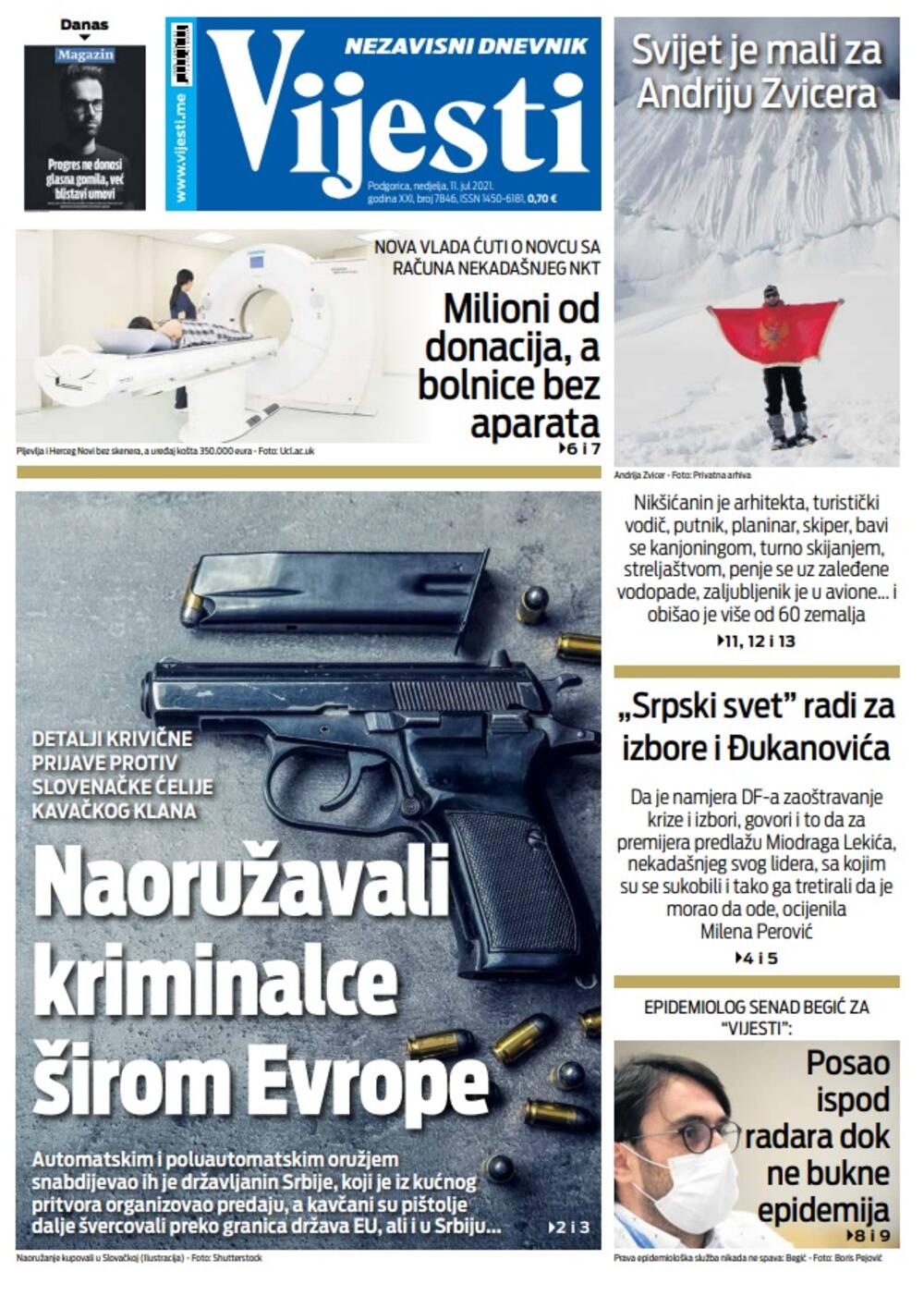 Naslovna strana "Vijesti" za nedjelju 11. jul 2021. godine, Foto: Vijesti