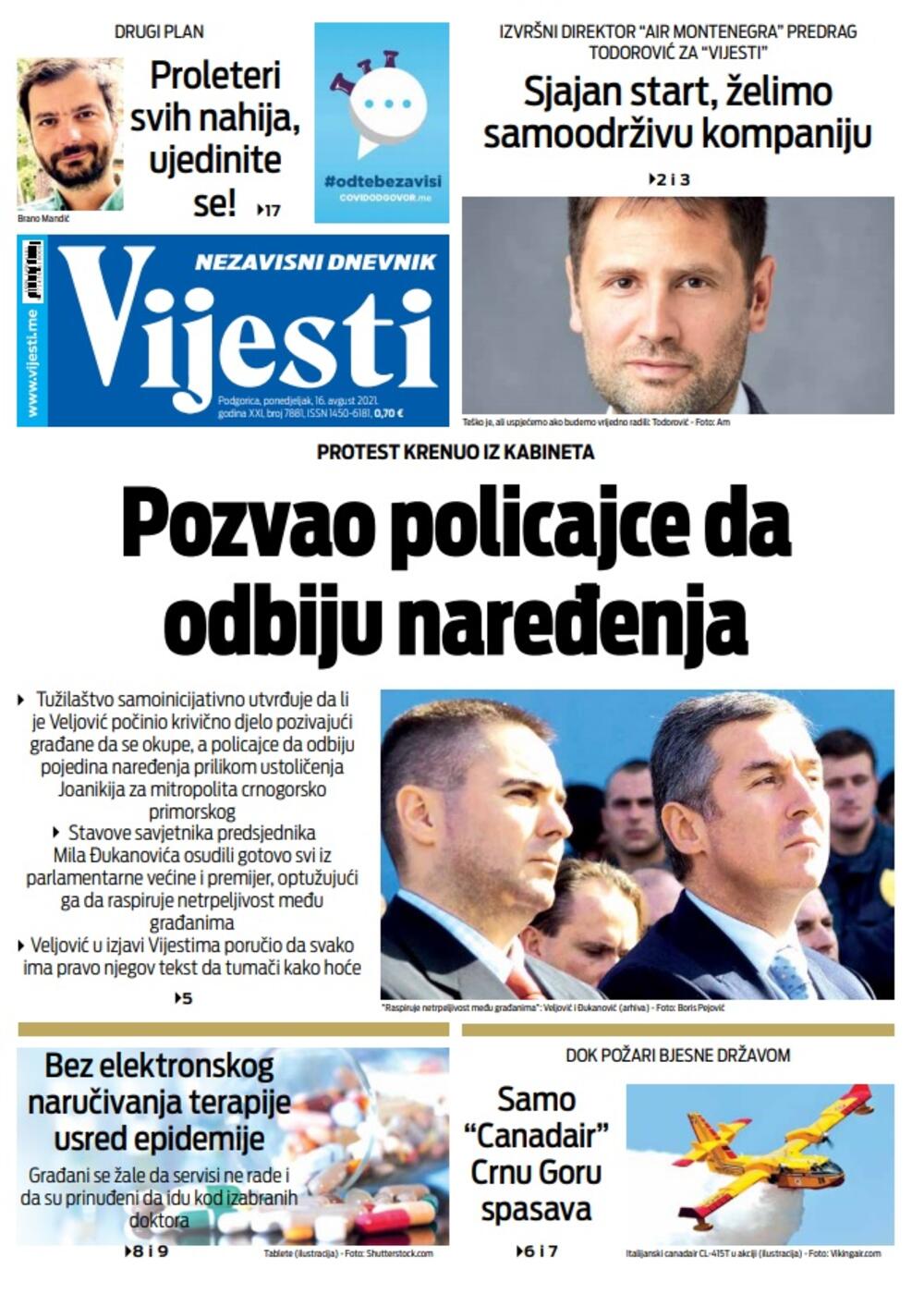 Naslovna strana "Vijesti" za ponedjeljak 16. avgust 2021. godine, Foto: Vijesti