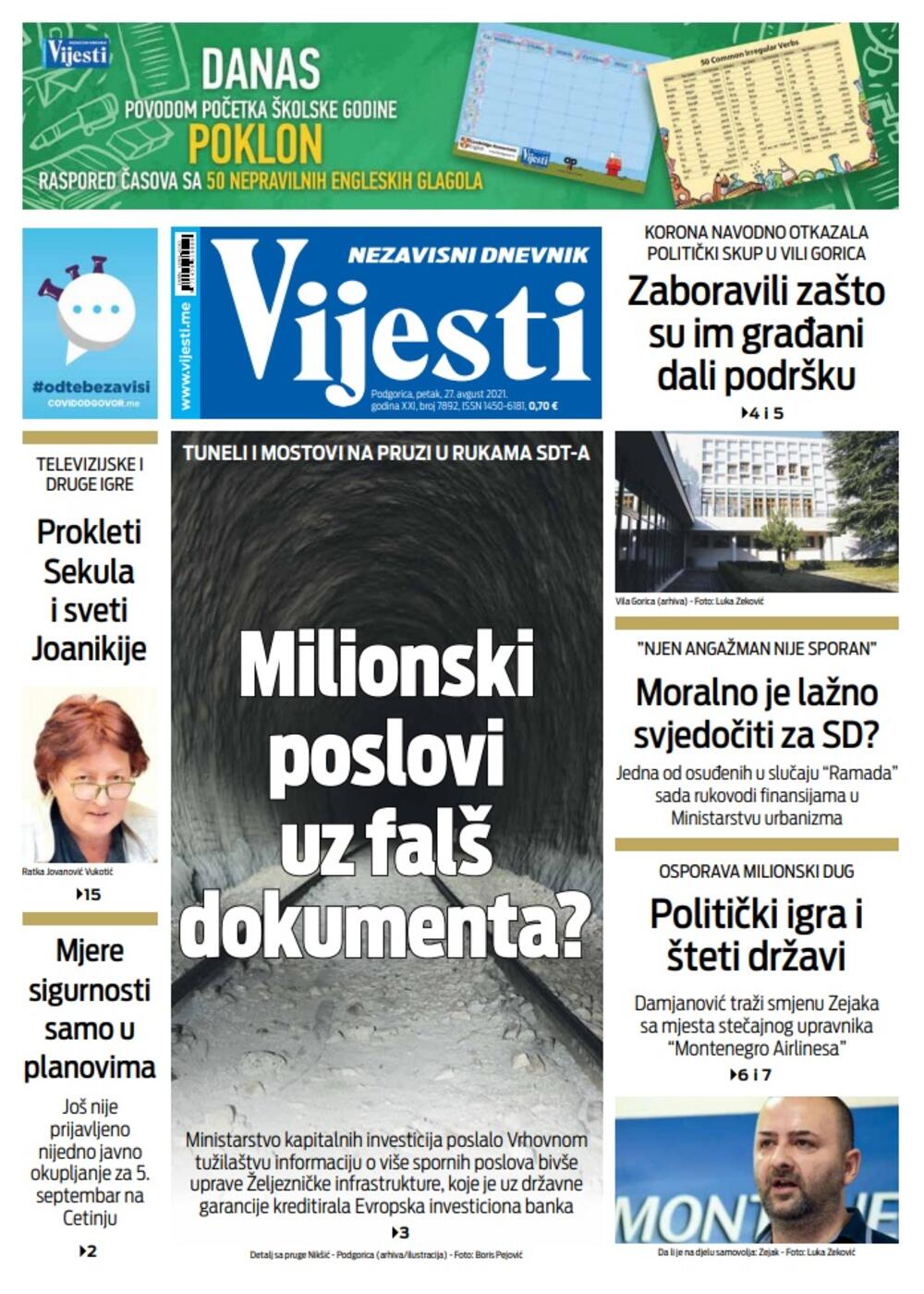 Naslovna strana "Vijesti" za petak 27. avgust 2021. godine, Foto: Vijesti