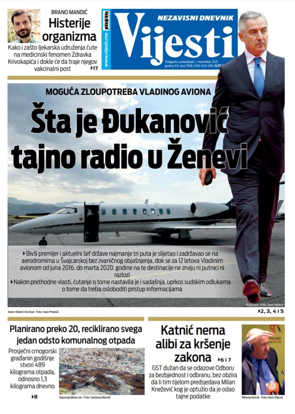 Naslovna strana "Vijesti" za ponedjeljak 1. novembar 2021. godine, Foto: Vijesti