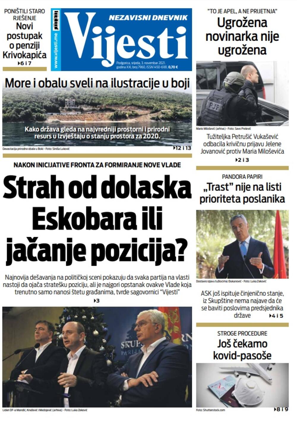 Naslovna strana "Vijesti" za srijedu 3. novembar 2021. godine, Foto: Vijesti