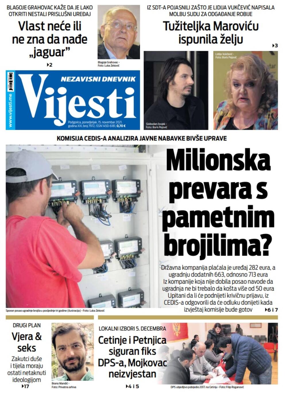 Naslovna strana "Vijesti" za ponedjeljak 15. novembar 2021. godine, Foto: Vijesti