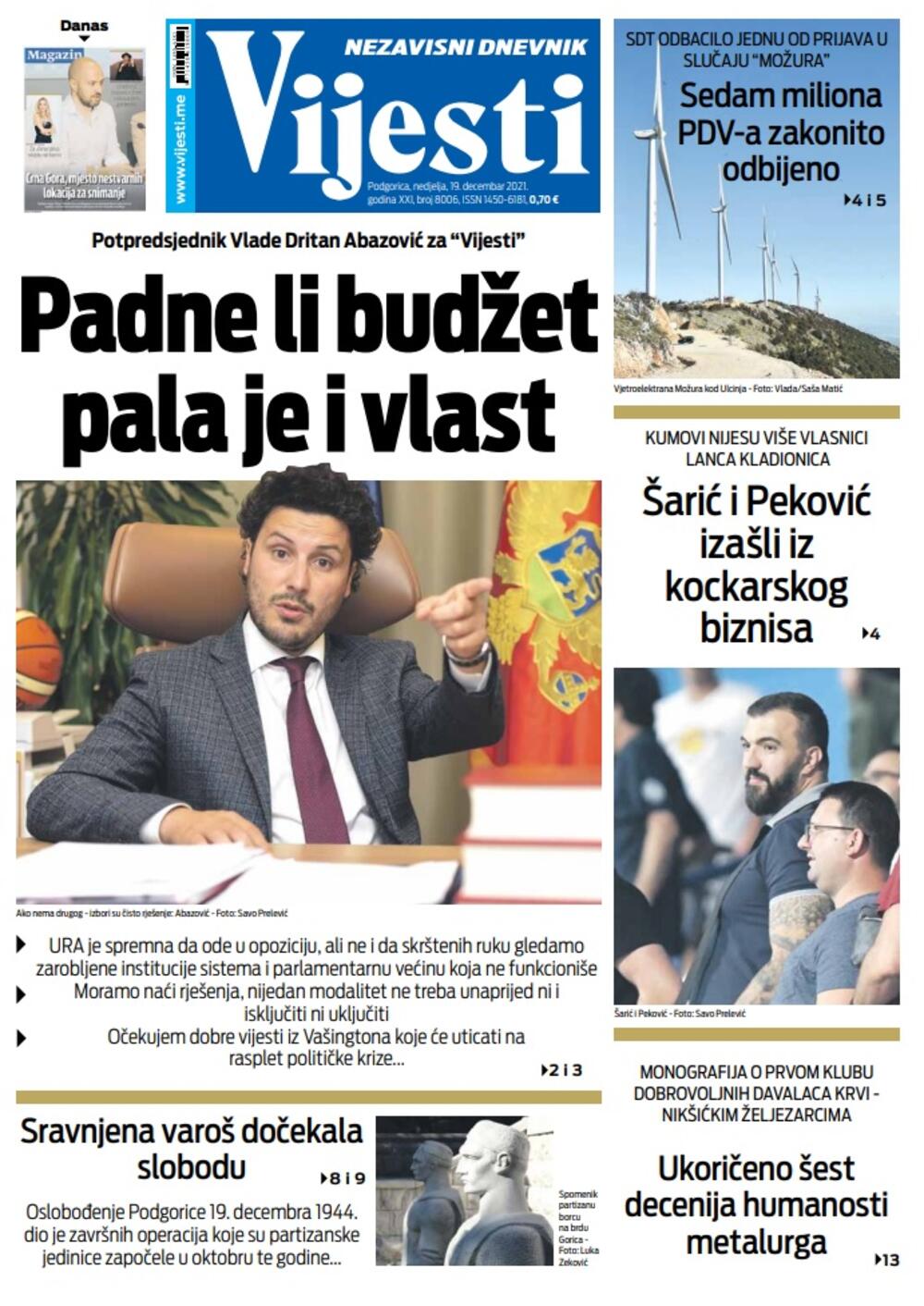 Naslovna strana "Vijesti" za nedjelju 19. decembar 2022. godine, Foto: Vijesti