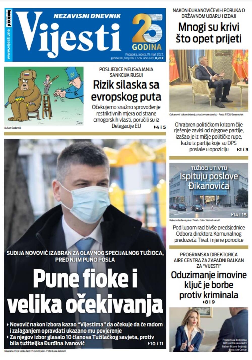 Naslovna strana "Vijesti" za 19. mart 2022., Foto: Vijesti
