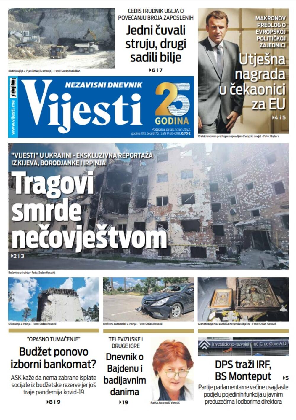 Naslovna strana "Vijesti" za petak 17. jun, Foto: Vijesti