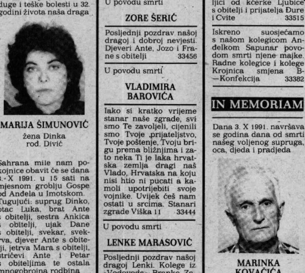 Fotografija oglasa iz lista 'Slobodna Dalmacija' - posljednji pozdrav Vladimiru Baroviću od njegovih susjeda u Splitu