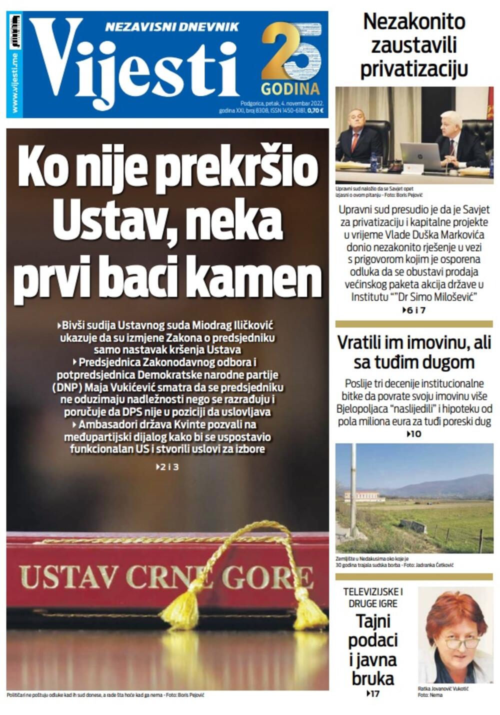 Naslovna strana "Vijesti" za 4. novembar 2022., Foto: Vijesti
