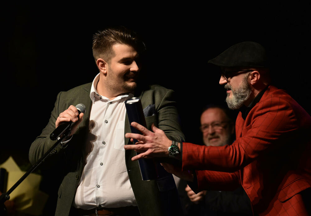 Omar Bajramspahić i Dušan Kovačević na dodjeli nagrada Gradskog pozorišta