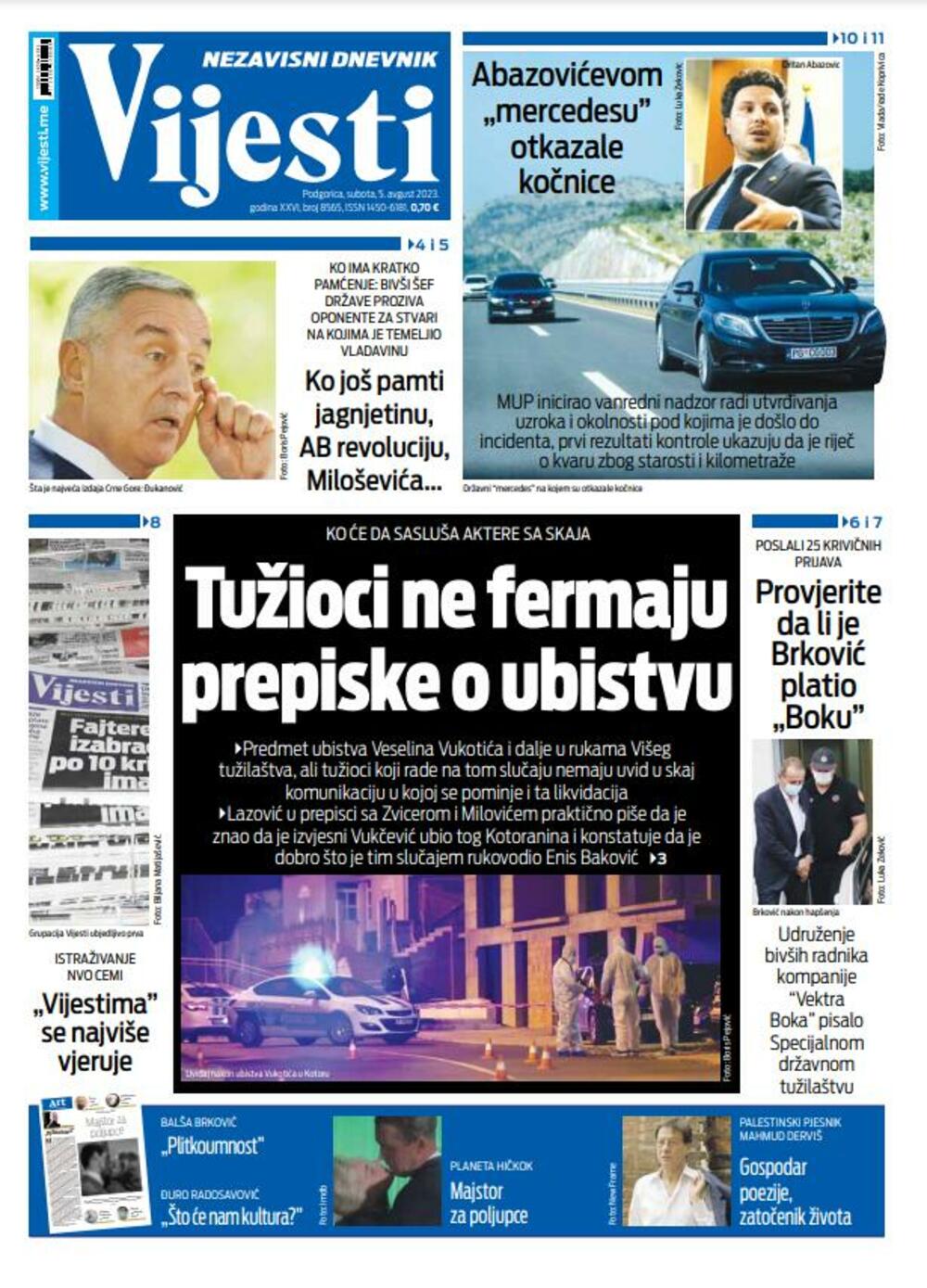 Naslovna strana "Vijesti" za 5. avgust 2023. godine, Foto: Vijesti
