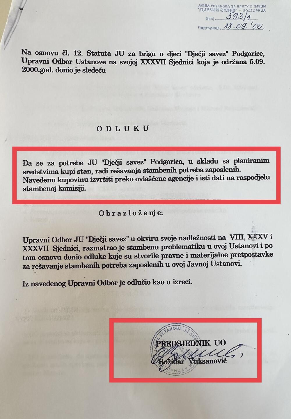 Dokument iz 2000. godine, kada je Marković dobio prvi stan