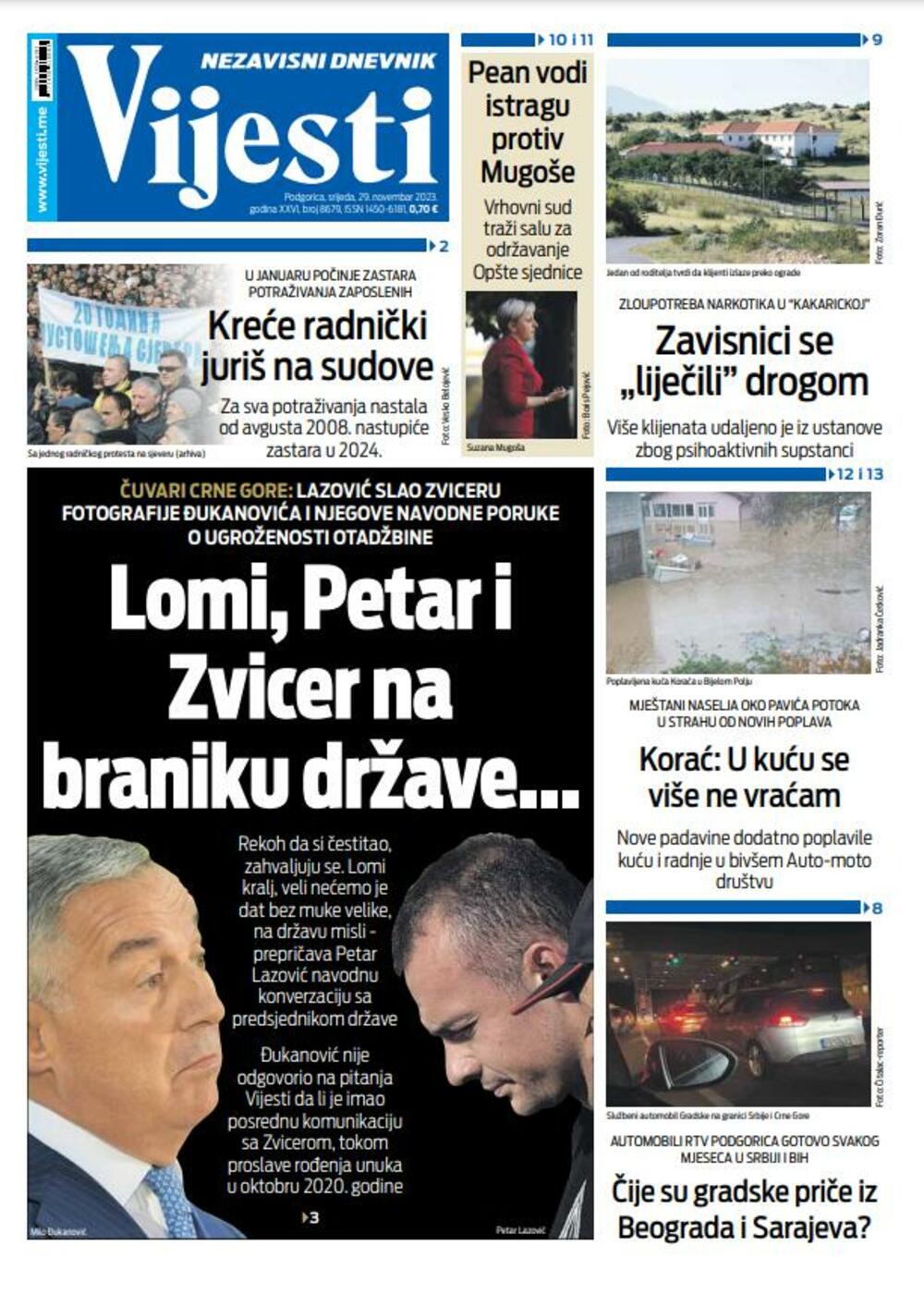 Naslovna strana "Vijesti" za 29. novembar 2023., Foto: Vijesti