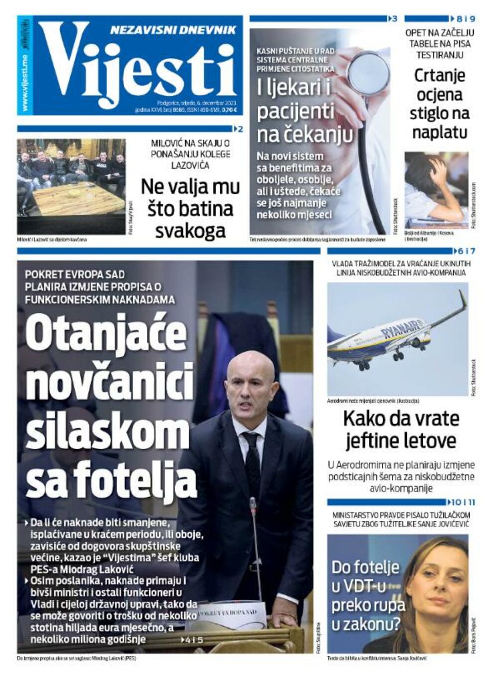 Naslovna strana "Vijesti" za 6. decembar 2023., Foto: Vijesti