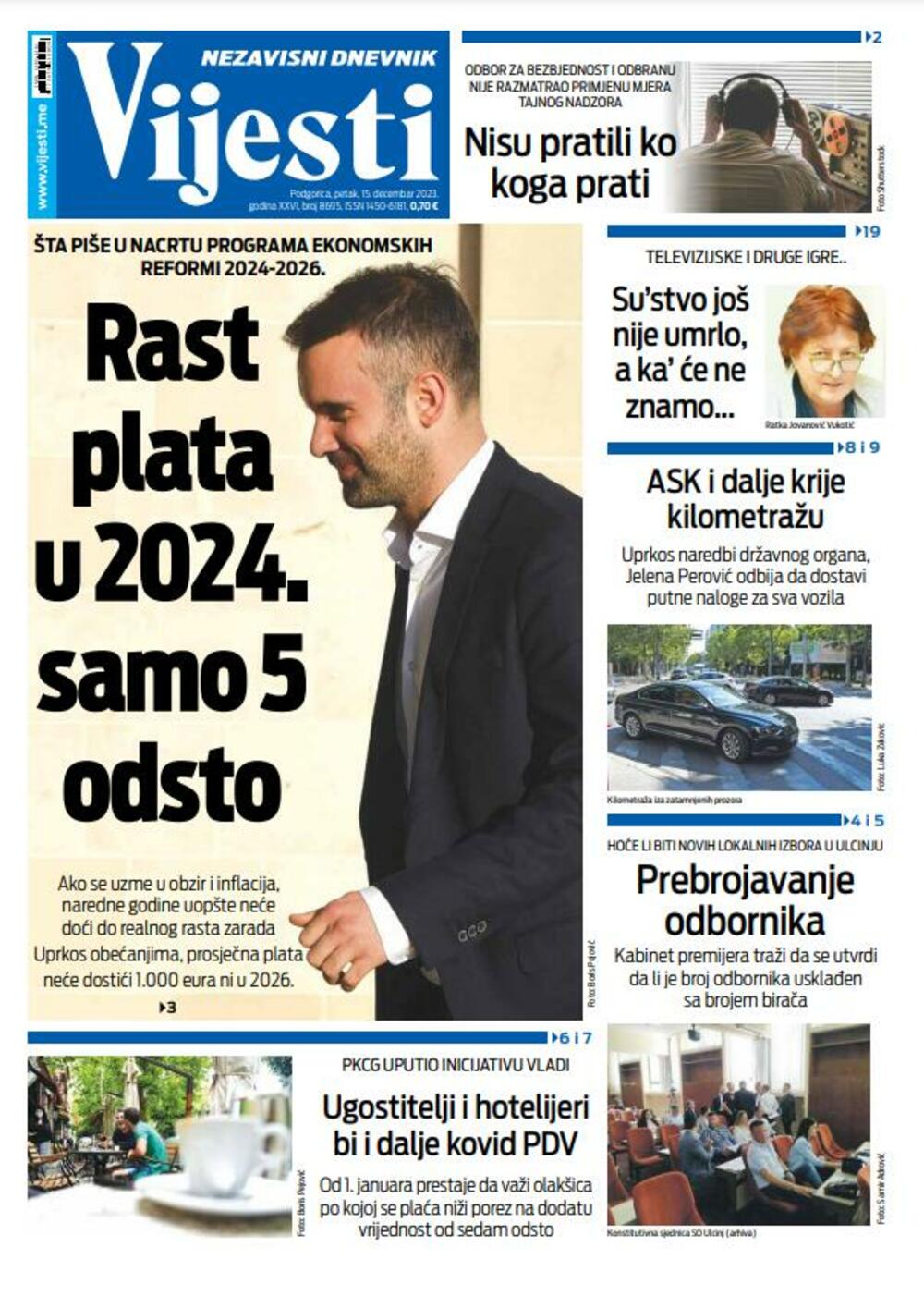 Naslovna strana "Vijesti" za 15. decembar 2023., Foto: Vijesti