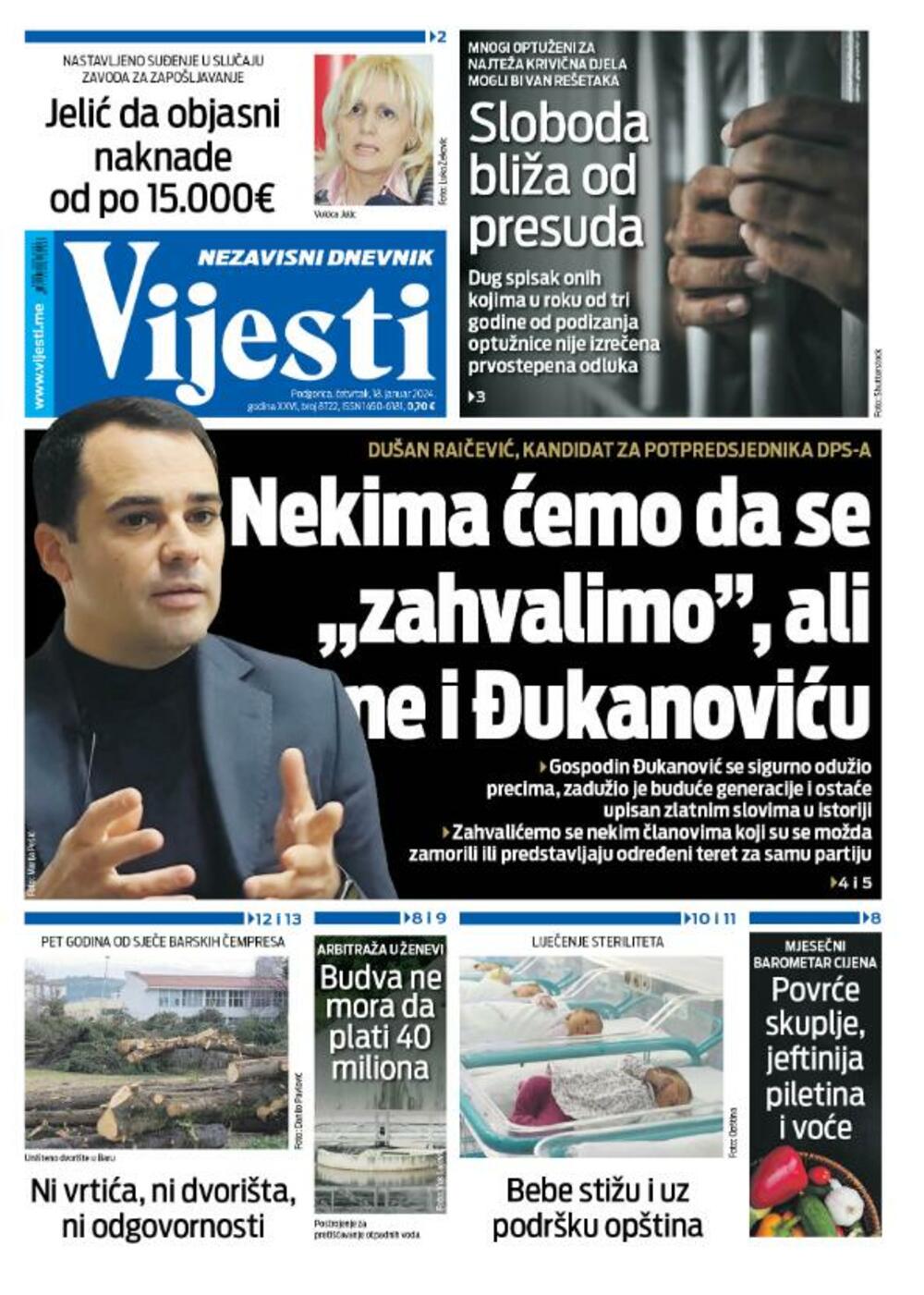 Naslovna strana 'Vijesti' za 18. januar 2024.