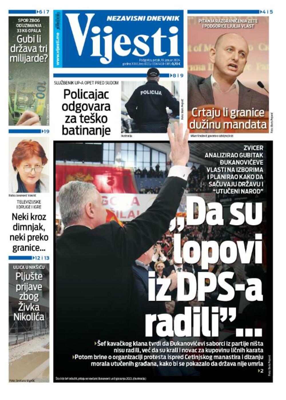 Naslovna strana 'Vijesti' za 19. januar 2024.