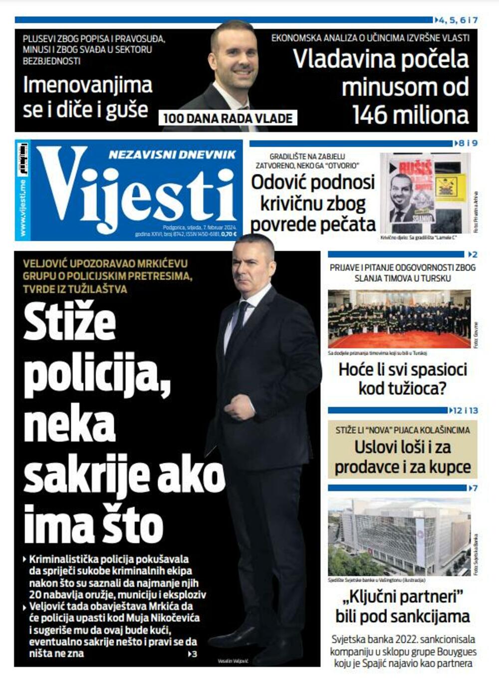 Naslovna strana "Vijesti" za 7. februar 2024., Foto: Vijesti