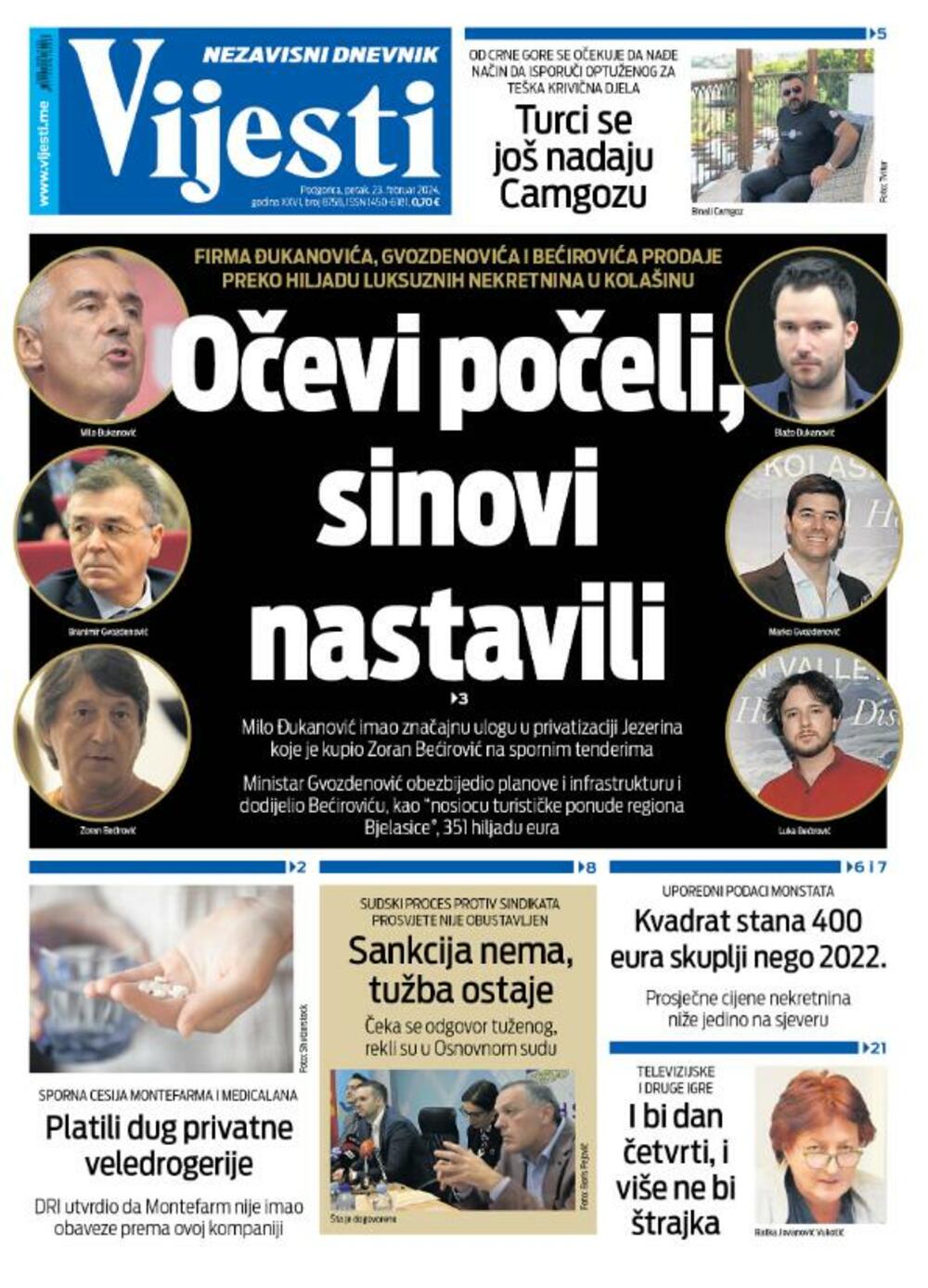 Naslovna strana 'Vijesti' za 23. februar 2024.