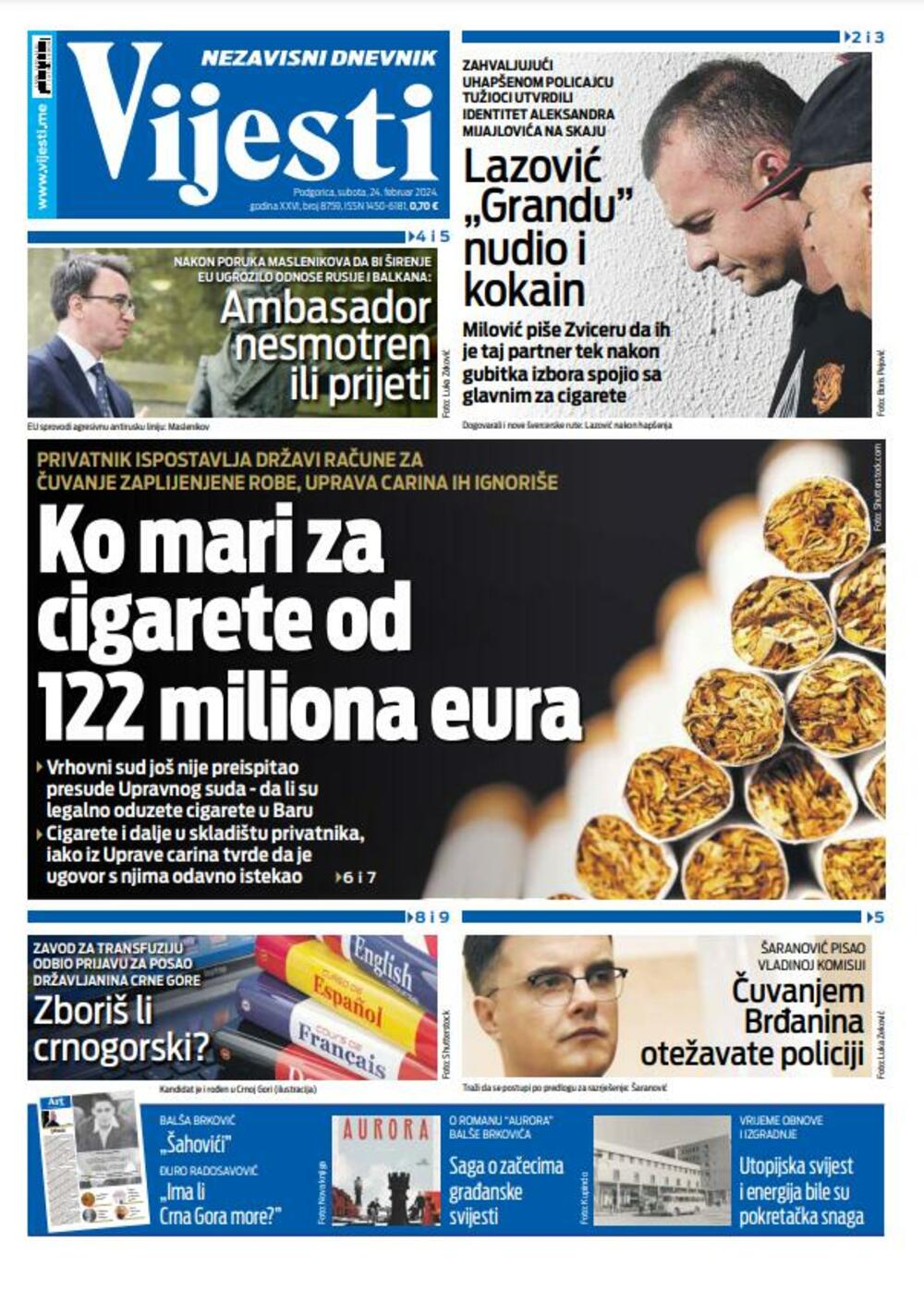Naslovna strana "Vijesti" za 24. februar 2024., Foto: Vijesti