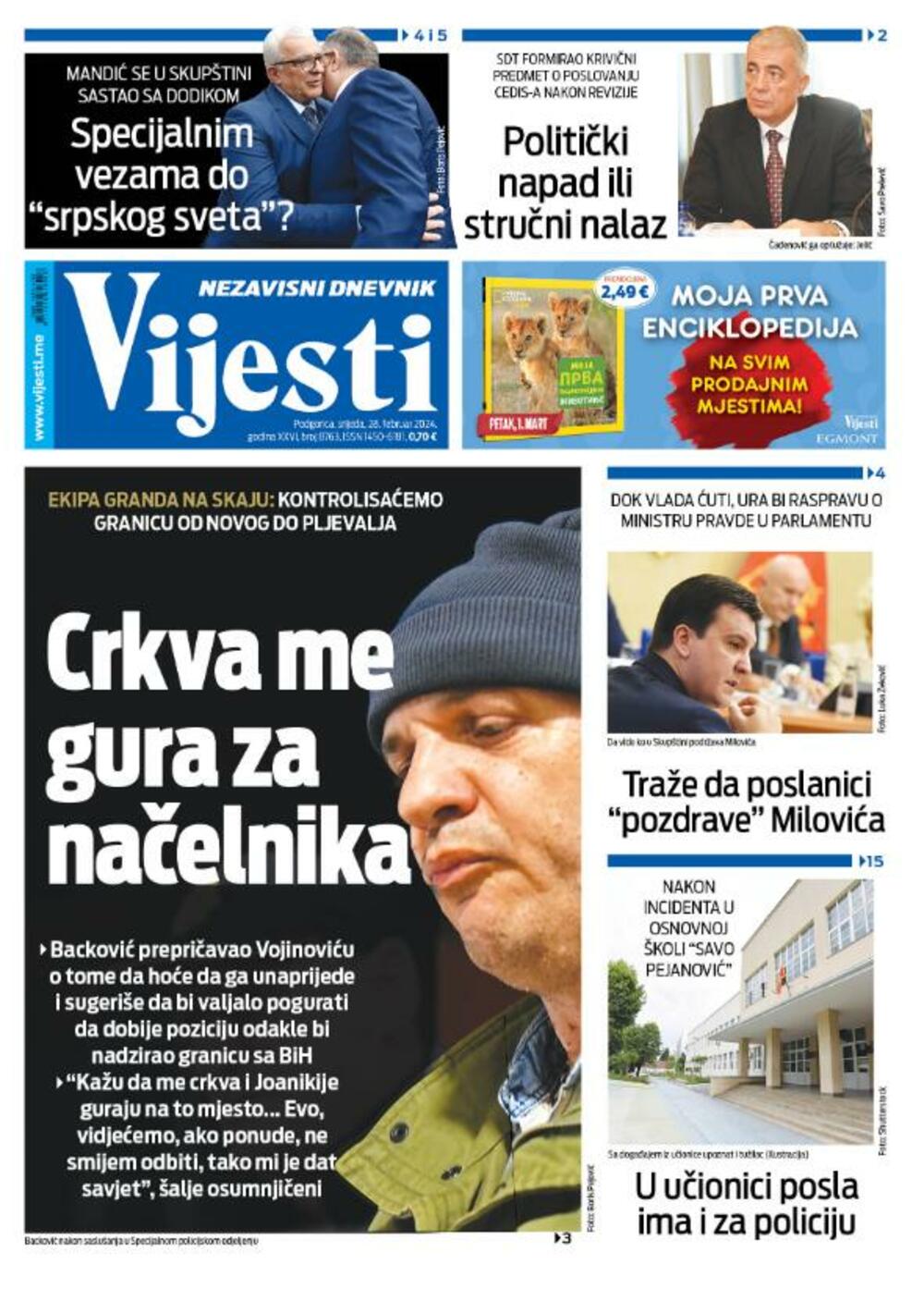 Naslovna strana 'Vijesti' za 28. februar 2024.