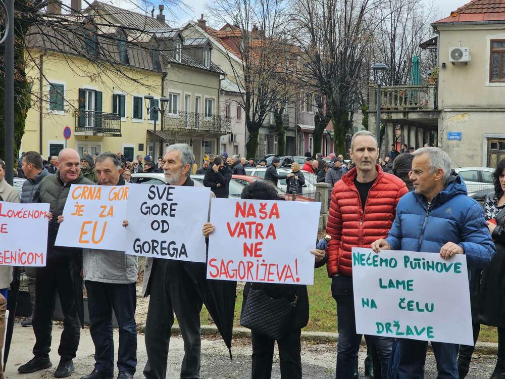 <p>Okupljeni nose transparente sa natpisima "Mandiću, promašio si Prijestonicu", "Nećemo Putinove lame na čelu države", "Crna Gora je za EU", Pod Lovćenom, a ne pod koljenicom", "Dalaj lama iz Kristala"</p>