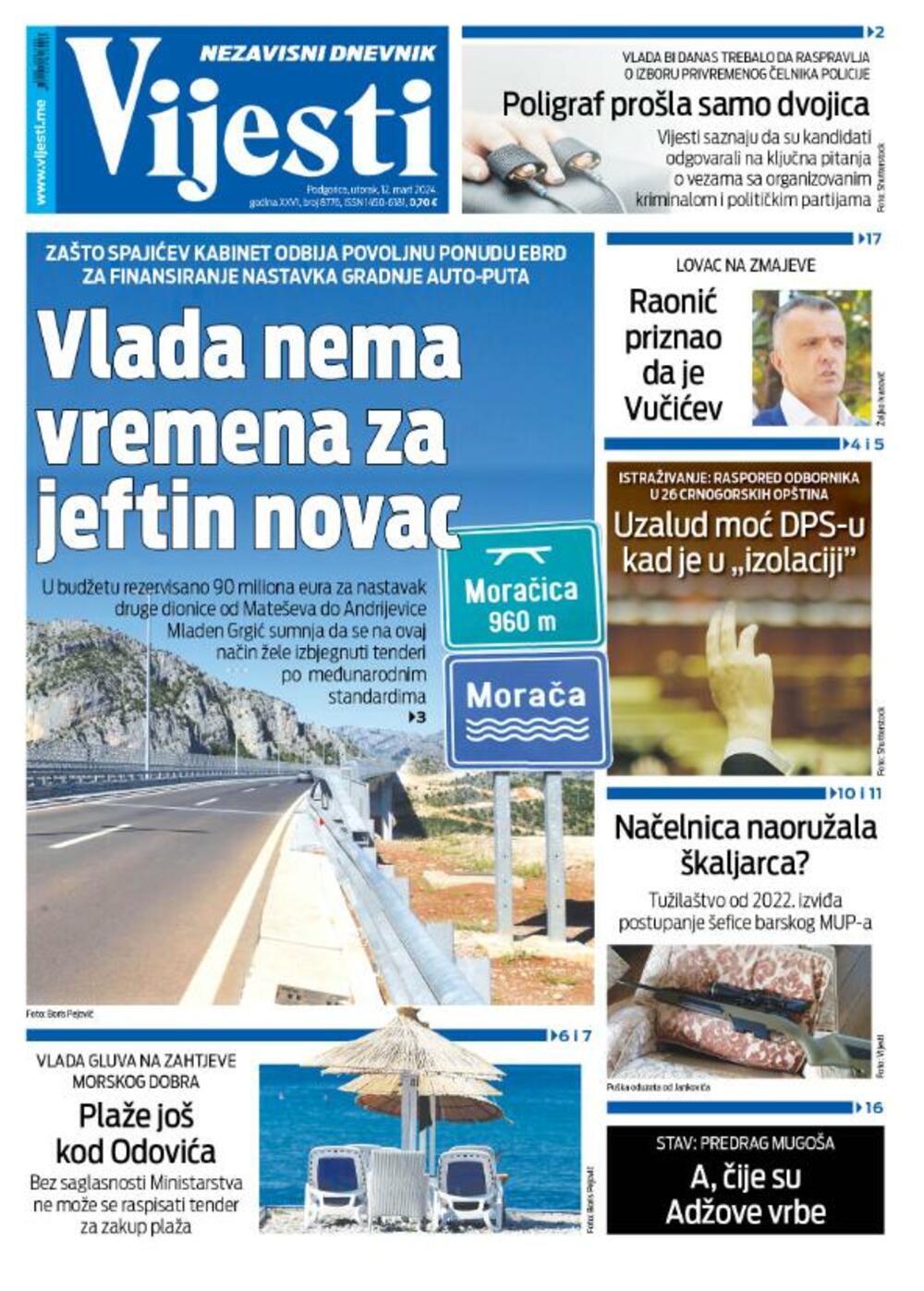 Naslovna strana "Vijesti" za 12. mart 2024., Foto: Vijesti