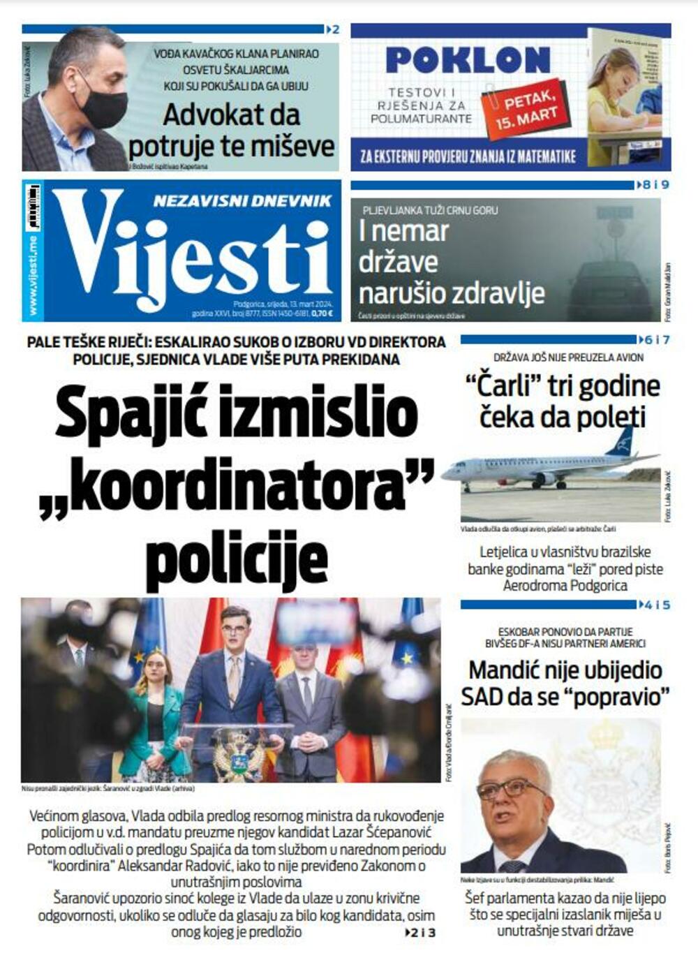 Naslovna strana "Vijesti" za 13. mart 2024., Foto: Vijesti