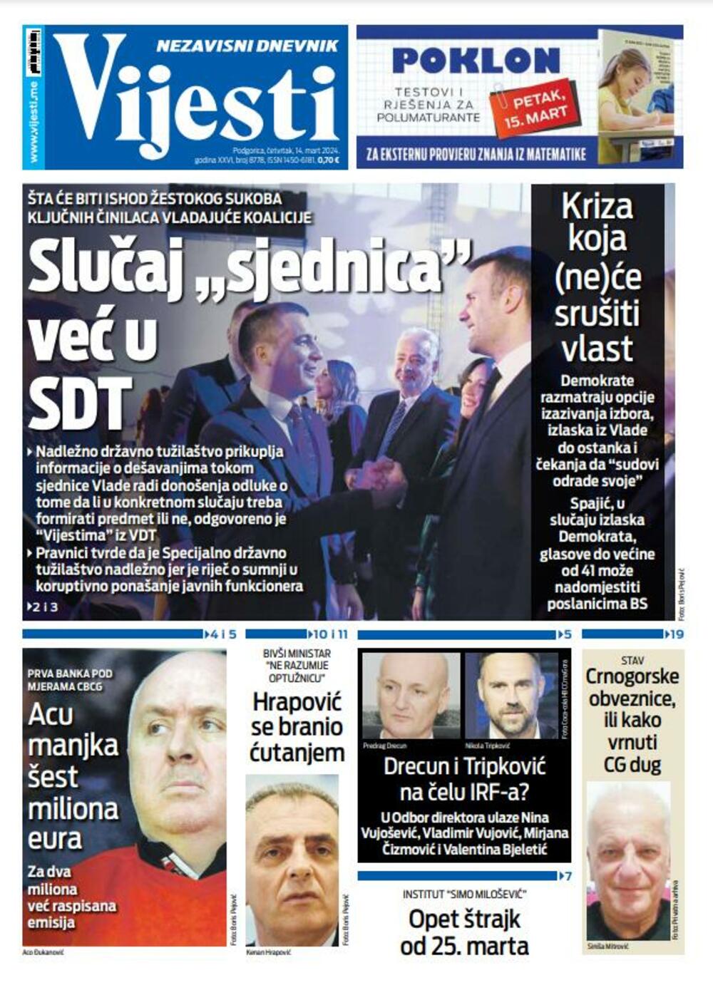 Naslovna strana "Vijesti" za 14. mart 2024., Foto: Vijesti