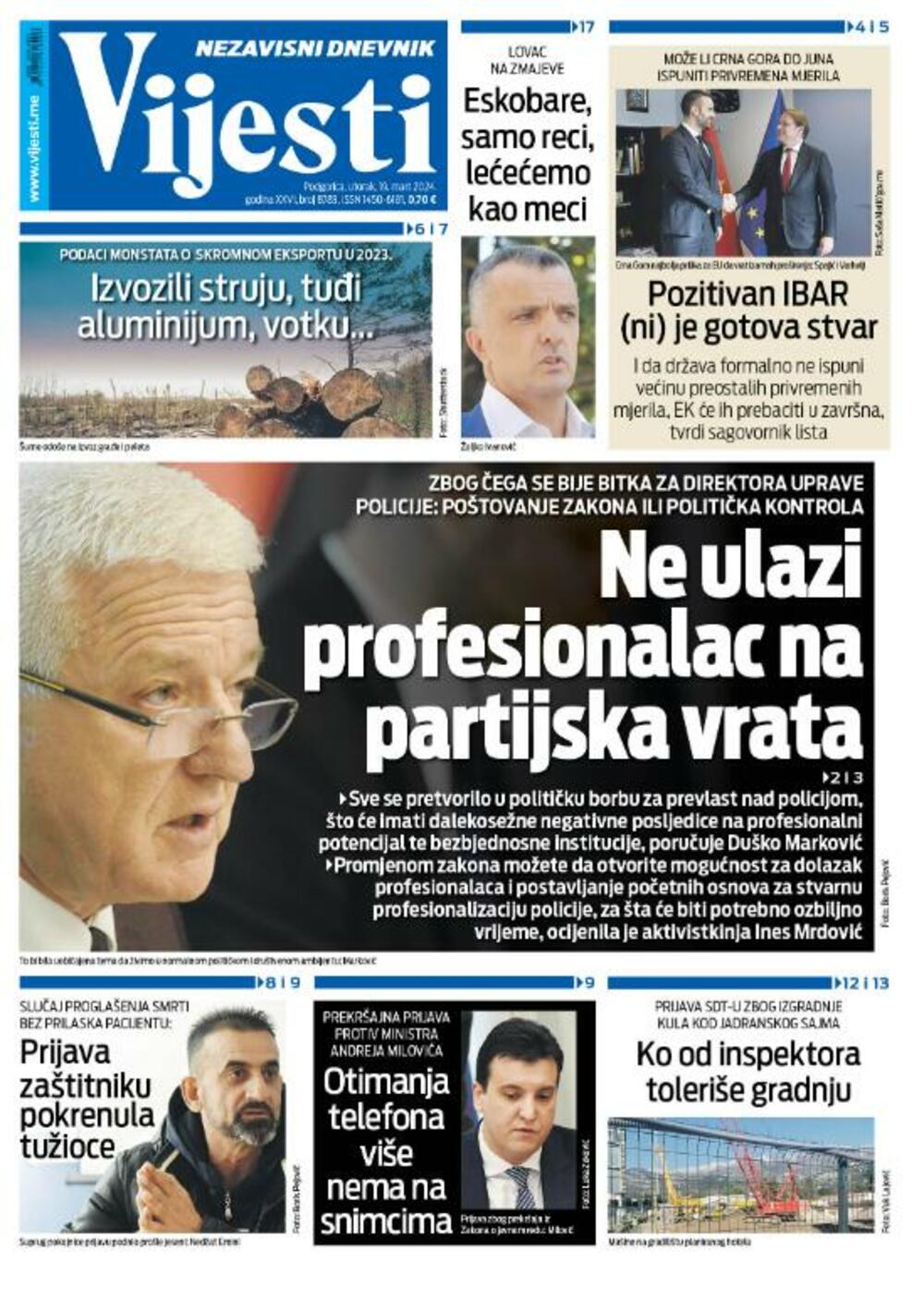 Naslovna strana "Vijesti" za 19. mart 2024., Foto: Vijesti