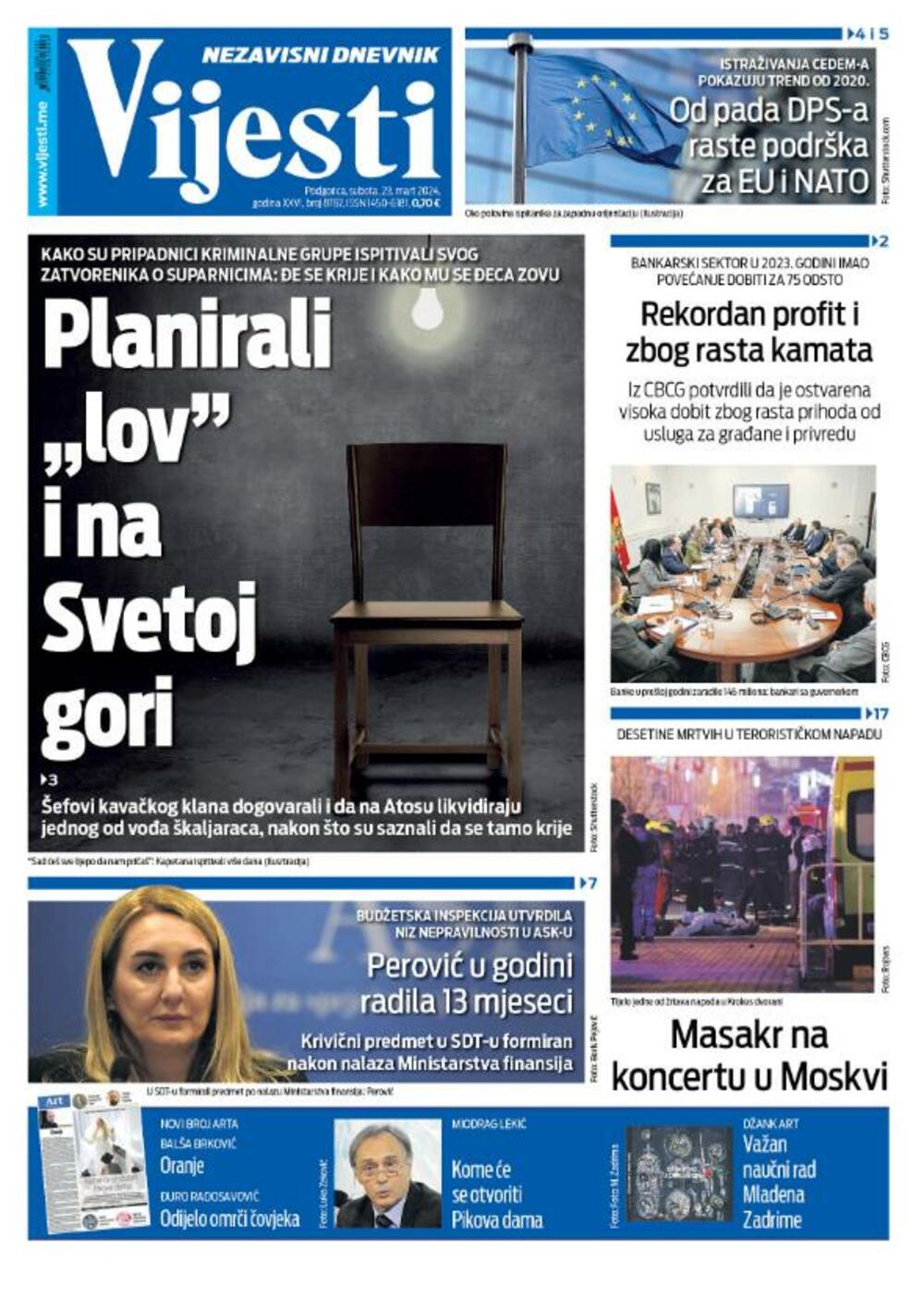 Naslovna strana 'Vijesti' za 23. mart 2024.