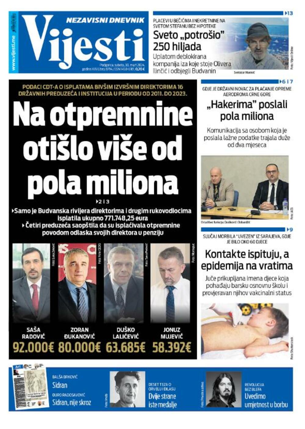 Naslovna strana "Vijesti" za 30. mart 2024. godine, Foto: Vijesti